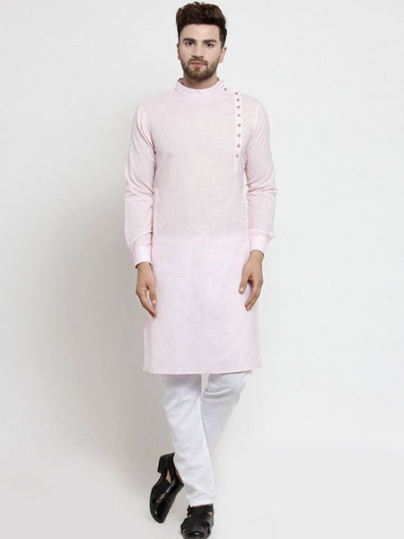 Designer Pink Linen Kurta With Aligarh Pajama For Men By Luxury at Less