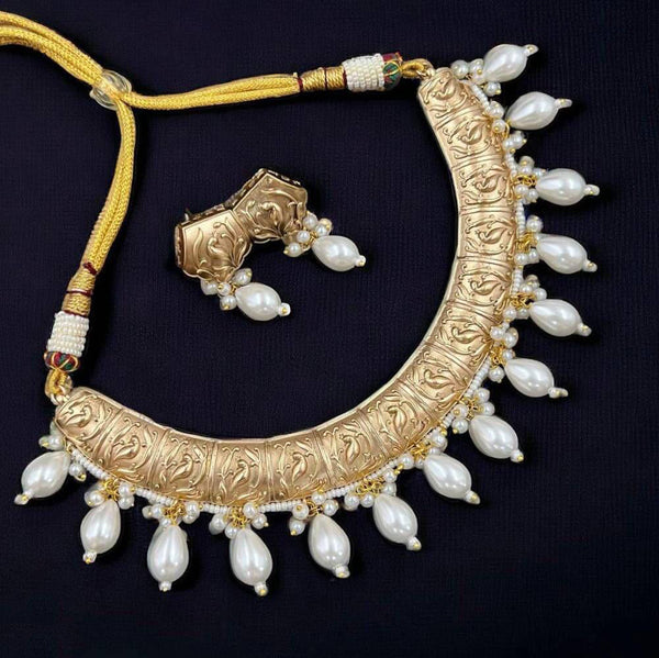 Antique Gold-Tone Engraved Necklace with Pearl Drops & Matching Earrings