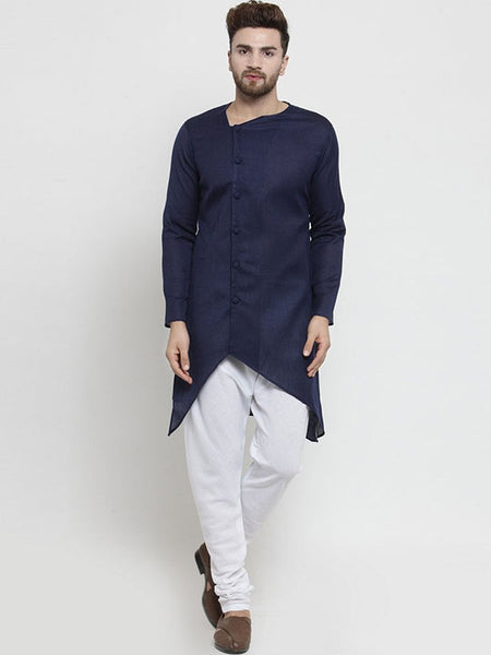 Designer Blue Linen Kurta With Chudidar Pajama For Men By Luxury at Less