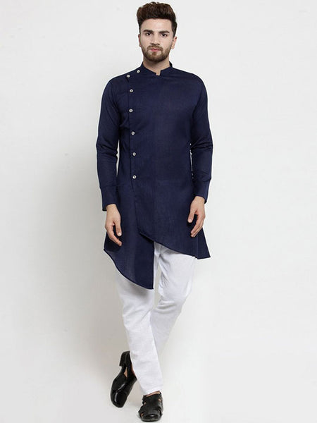 Designer Blue Linen Kurta With Aligarh Pajama For Men By Luxury at Less