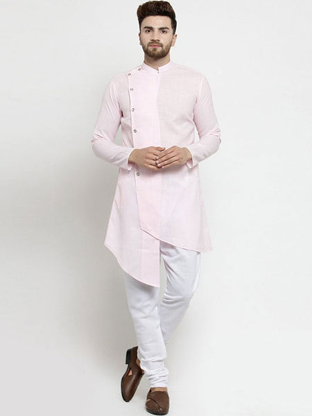 Designer Pink Linen Kurta With Chudidar Pajama For Men By Luxury at Less