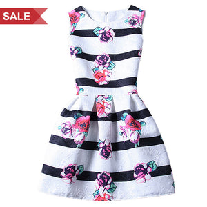White Black Stripes Roses Sleeveless A Line Skater Mini Party Cocktail Skirt Dress