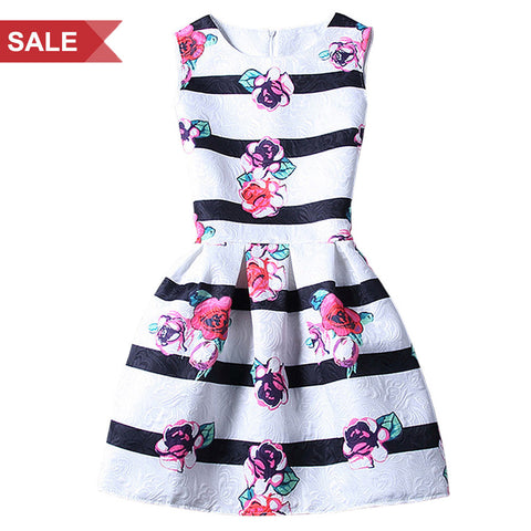 White Black Stripes Roses Sleeveless A Line Skater Mini Party Cocktail Skirt Dress