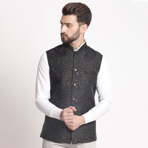 Black Jacquard  Brocade Silk Nehru Jacket By Luxury at Less