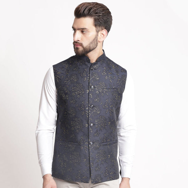 Blue Jacquard  Brocade Silk Nehru Jacket By Luxury at Less