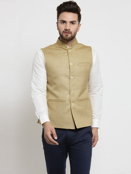 Men Beige Solid Nehru Jacket By Luxury at Less