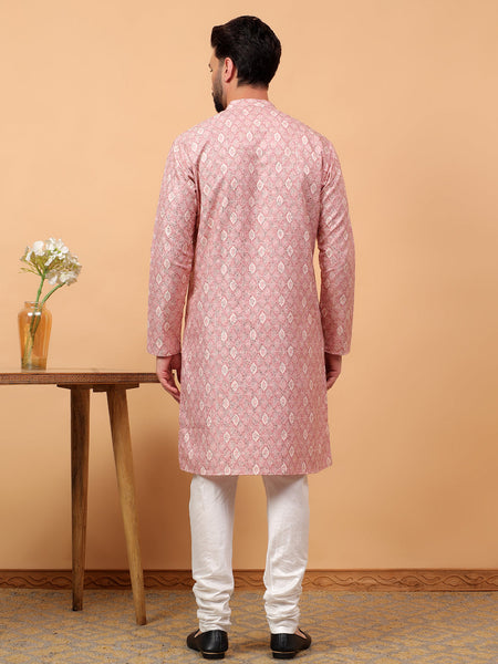 Traditional  Ethnic Wear  Printed  Art Silk Full Sleeve Straight  Regular Fit  Pink Kurta Pyjama Set  For Men