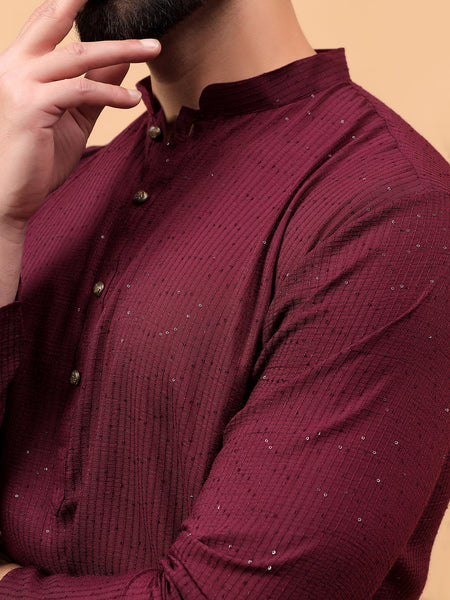 Traditional Ethnic Wear Maroon Embellished Sequinned  Straight Rayon  Kurta Pyjama Set  For Men