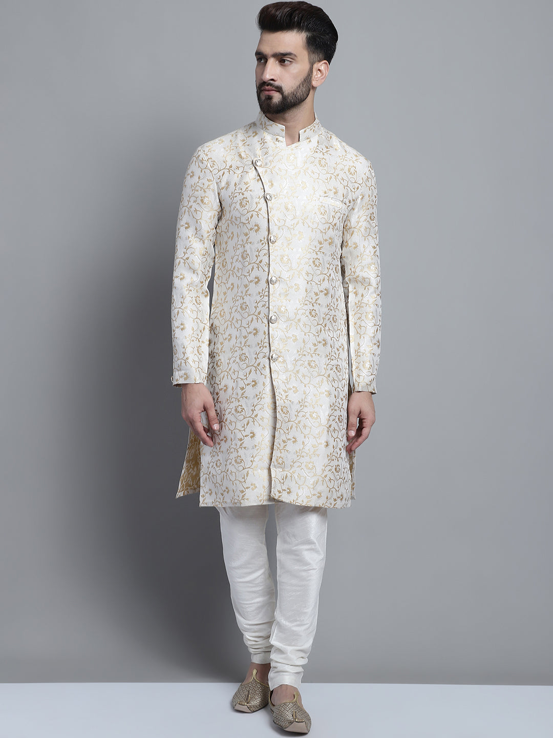 Designer White Golden Brocade Silk Sherwani Set by Luxury at Less