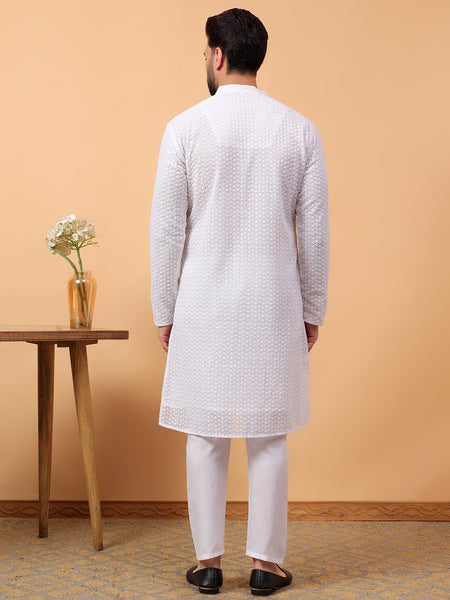 White Georgette Chikan Kari  Embroidery Traditional Ethnic Wedding Festival Wear Kurta Pyjama Set