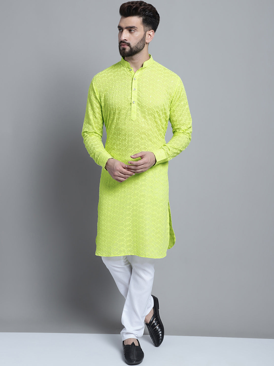 Lime Green Chikankari Embroidery Cotton Kurta Pajama Set by Luxury at Less