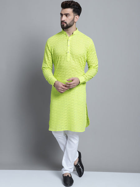 Lime Green Chikankari Embroidery Cotton Kurta Pajama Set by Luxury at Less