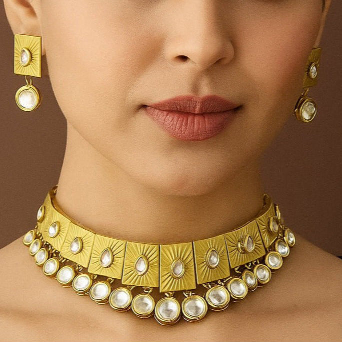 Elegant Geometric Kundan Choker Necklace with Matching Earrings