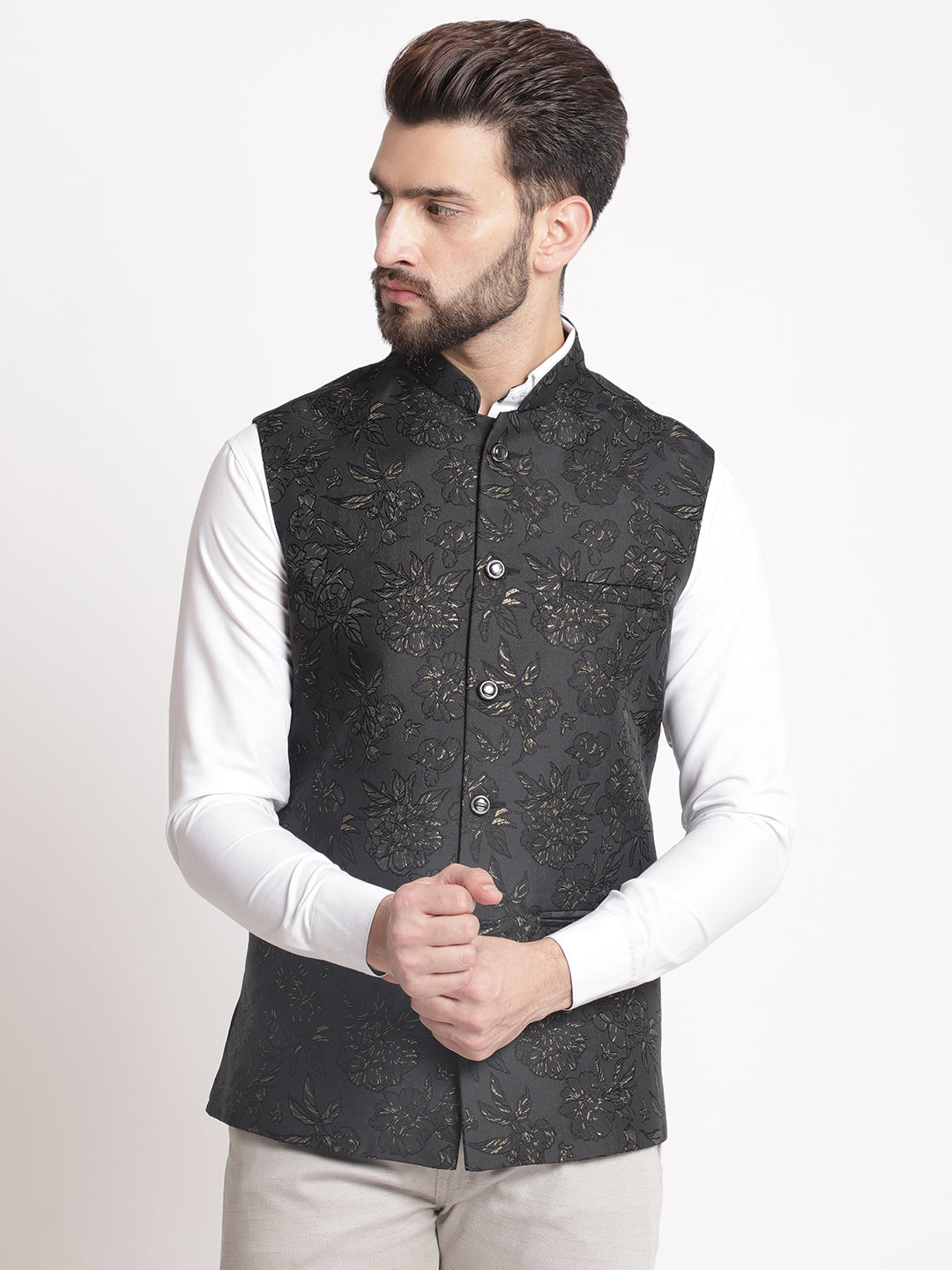 Black Jacquard  Brocade Silk Nehru Jacket By Luxury at Less