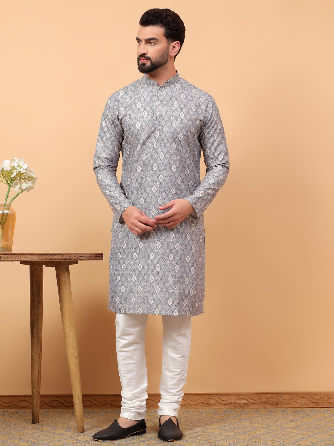 Traditional  Ethnic Wear  Printed  Art Silk Full Sleeve Straight  Regular Fit  Grey Kurta Pyjama Set  For Men