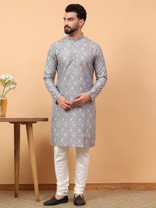 Traditional  Ethnic Wear  Printed  Art Silk Full Sleeve Straight  Regular Fit  Grey Kurta Pyjama Set  For Men