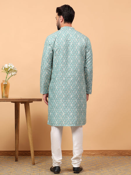 Traditional  Ethnic Wear  Printed  Art Silk Full Sleeve Straight  Regular Fit  Green Kurta Pyjama Set  For Men