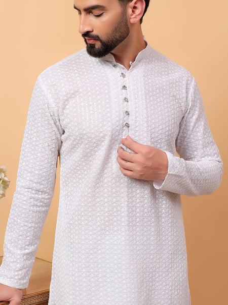 White Georgette Chikan Kari  Embroidery Traditional Ethnic Wedding Festival Wear Kurta Pyjama Set