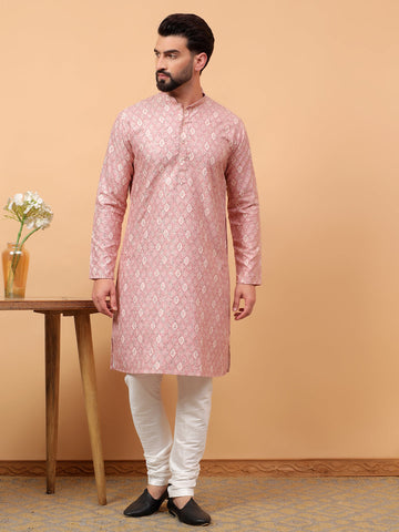 Traditional  Ethnic Wear  Printed  Art Silk Full Sleeve Straight  Regular Fit  Pink Kurta Pyjama Set  For Men