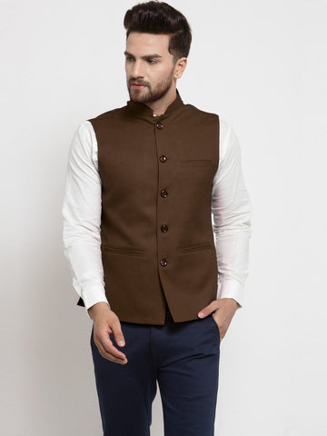 Men Chocolate Brown Solid Nehru Jacket By Luxury at Less
