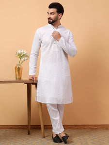 White Georgette Chikan Kari  Embroidery Traditional Ethnic Wedding Festival Wear Kurta Pyjama Set