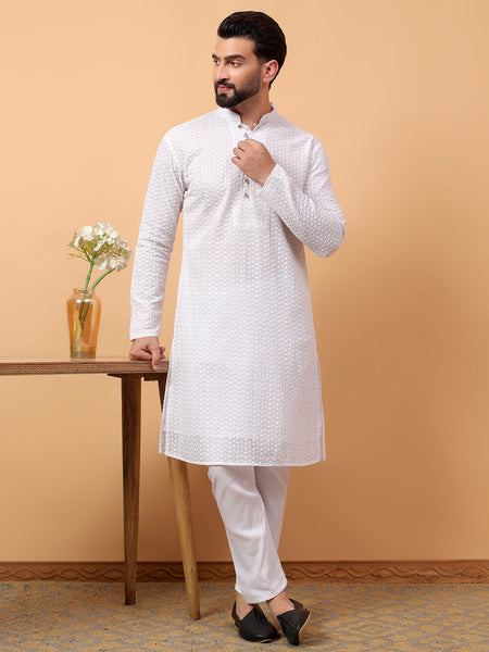 White Georgette Chikan Kari  Embroidery Traditional Ethnic Wedding Festival Wear Kurta Pyjama Set