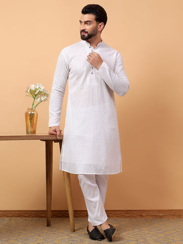 White Georgette Chikan Kari  Embroidery Traditional Ethnic Wedding Festival Wear Kurta Pyjama Set