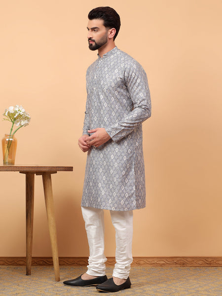 Traditional  Ethnic Wear  Printed  Art Silk Full Sleeve Straight  Regular Fit  Grey Kurta Pyjama Set  For Men