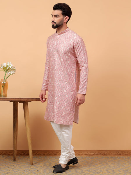 Traditional  Ethnic Wear  Printed  Art Silk Full Sleeve Straight  Regular Fit  Pink Kurta Pyjama Set  For Men