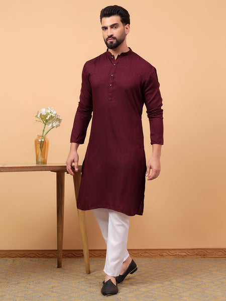 Traditional Ethnic Wear Maroon Embellished Sequinned  Straight Rayon  Kurta Pyjama Set  For Men