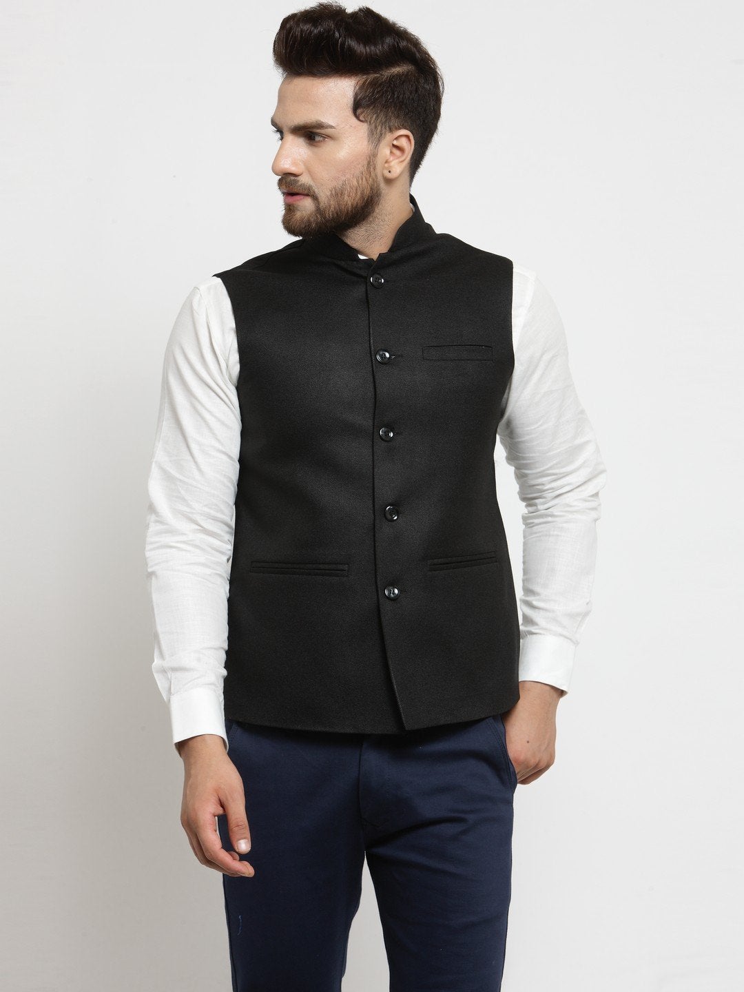 Men Black Solid Nehru Jacket By Luxury at Less