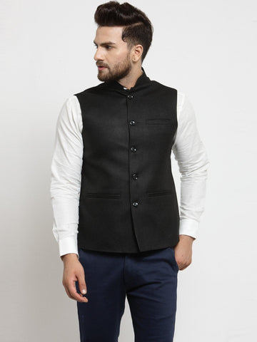 Men Black Solid Nehru Jacket By Luxury at Less