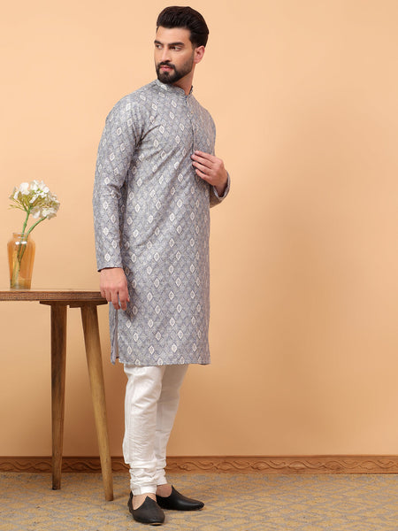 Traditional  Ethnic Wear  Printed  Art Silk Full Sleeve Straight  Regular Fit  Grey Kurta Pyjama Set  For Men