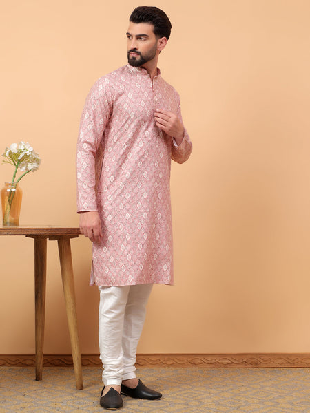 Traditional  Ethnic Wear  Printed  Art Silk Full Sleeve Straight  Regular Fit  Pink Kurta Pyjama Set  For Men