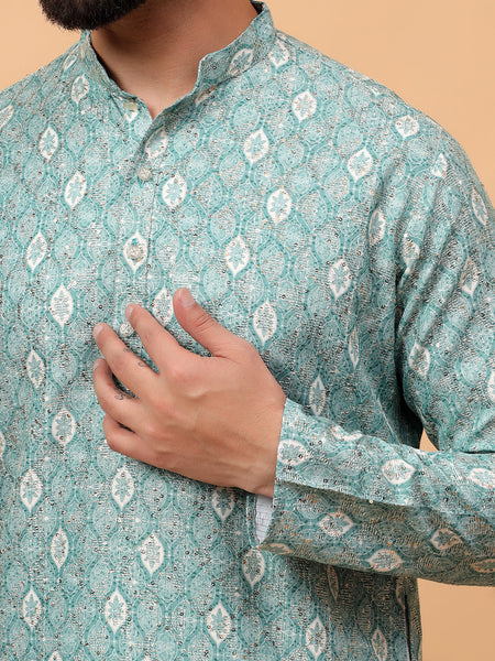 Traditional  Ethnic Wear  Printed  Art Silk Full Sleeve Straight  Regular Fit  Green Kurta Pyjama Set  For Men