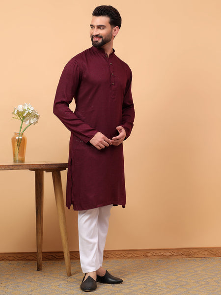 Traditional Ethnic Wear Maroon Embellished Sequinned  Straight Rayon  Kurta Pyjama Set  For Men