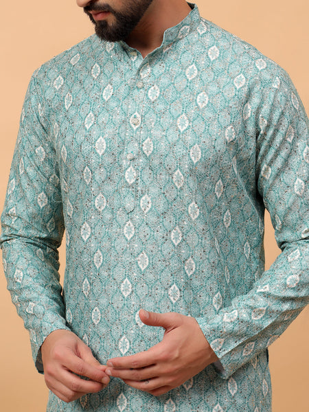 Traditional  Ethnic Wear  Printed  Art Silk Full Sleeve Straight  Regular Fit  Green Kurta Pyjama Set  For Men