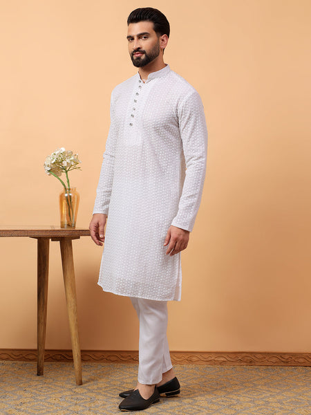 White Georgette Chikan Kari  Embroidery Traditional Ethnic Wedding Festival Wear Kurta Pyjama Set
