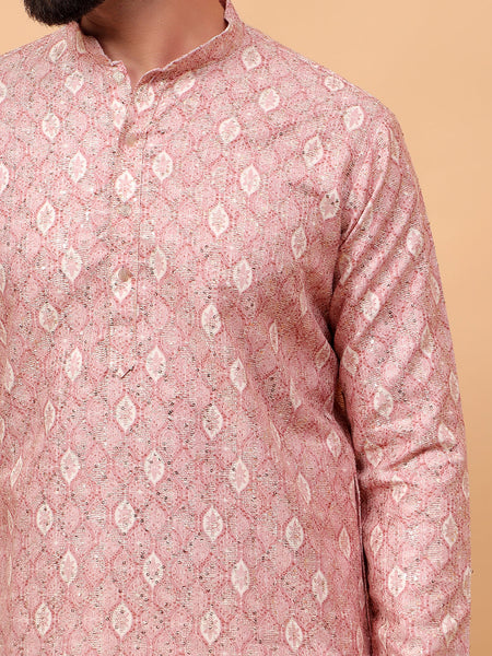 Traditional  Ethnic Wear  Printed  Art Silk Full Sleeve Straight  Regular Fit  Pink Kurta Pyjama Set  For Men