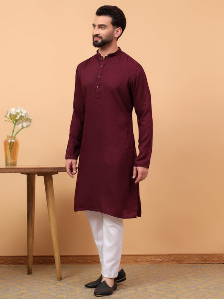 Traditional Ethnic Wear Maroon Embellished Sequinned  Straight Rayon  Kurta Pyjama Set  For Men