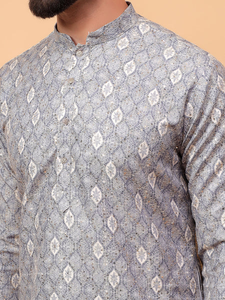 Traditional  Ethnic Wear  Printed  Art Silk Full Sleeve Straight  Regular Fit  Grey Kurta Pyjama Set  For Men