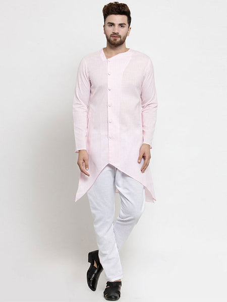 Designer Pink Linen Kurta With Aligarh Pajama For Men By Luxury at Less