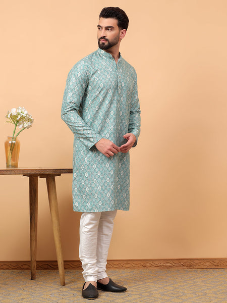 Traditional  Ethnic Wear  Printed  Art Silk Full Sleeve Straight  Regular Fit  Green Kurta Pyjama Set  For Men