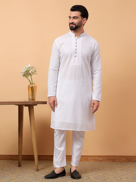 White Georgette Chikan Kari  Embroidery Traditional Ethnic Wedding Festival Wear Kurta Pyjama Set