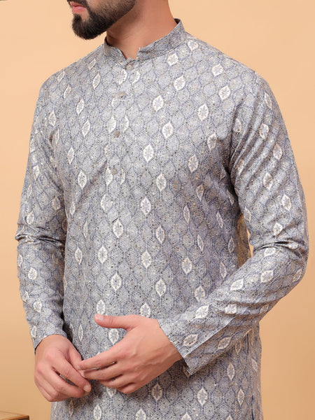 Traditional  Ethnic Wear  Printed  Art Silk Full Sleeve Straight  Regular Fit  Grey Kurta Pyjama Set  For Men