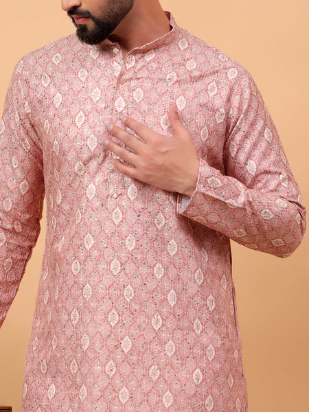 Traditional  Ethnic Wear  Printed  Art Silk Full Sleeve Straight  Regular Fit  Pink Kurta Pyjama Set  For Men