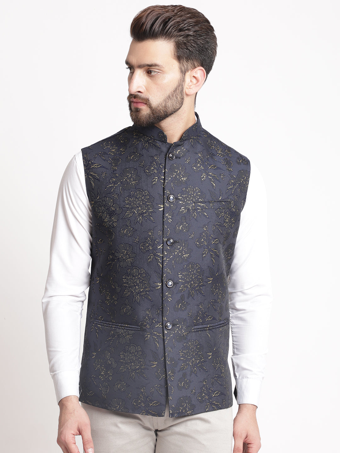 Blue Jacquard  Brocade Silk Nehru Jacket By Luxury at Less