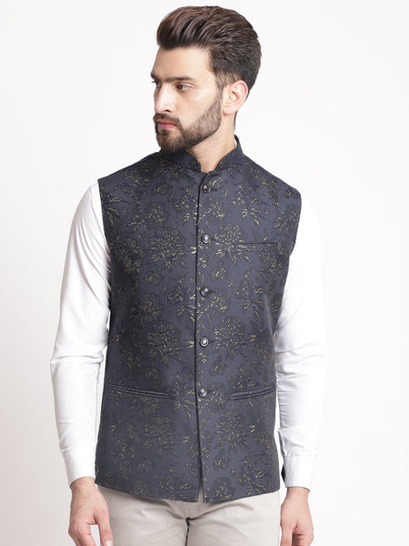 Blue Jacquard  Brocade Silk Nehru Jacket By Luxury at Less