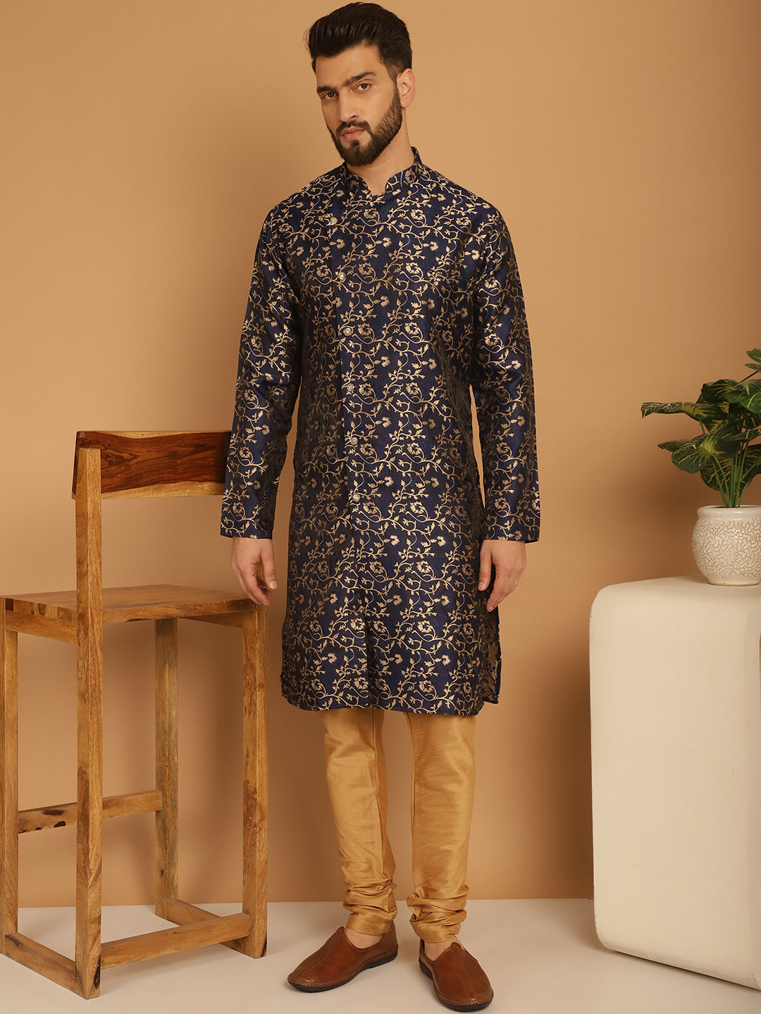 Designer Blue Golden Brocade Silk Sherwani Set by Luxury at Less
