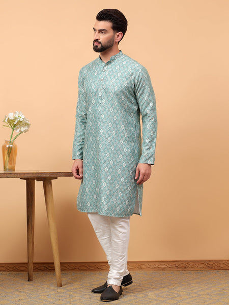 Traditional  Ethnic Wear  Printed  Art Silk Full Sleeve Straight  Regular Fit  Green Kurta Pyjama Set  For Men